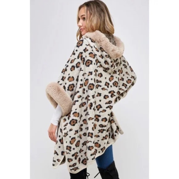 Taupe Faux Fur Trim Hooded Animal Leopard Print Soft Knit Poncho Coat - Picture 5 of 6